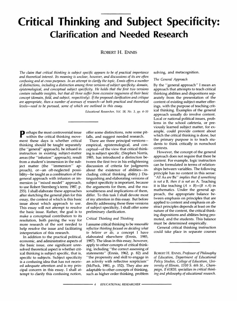 Clarifying Critical Thinking's Specificity | PDF | Thought | Critical ...
