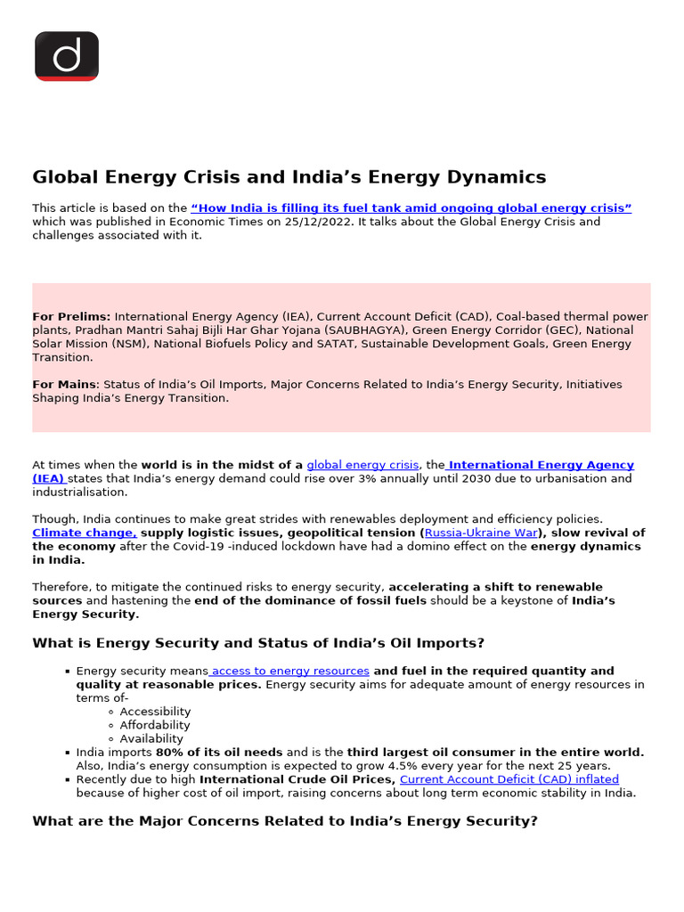 India’s Energy Security Amid Crisis | PDF | Energy Security ...