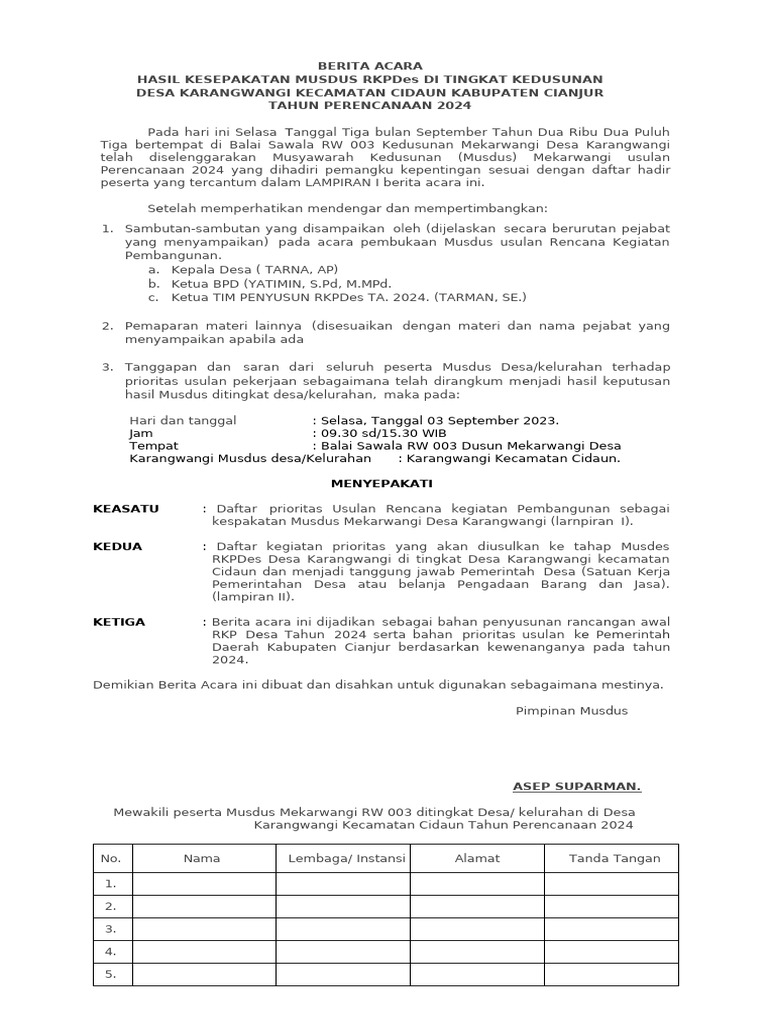 Hasil Musdus RKPDes 2024 Karangwangi | PDF