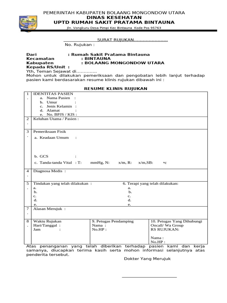 Surat Rujukan Medis RS Pratama Bintauna | PDF