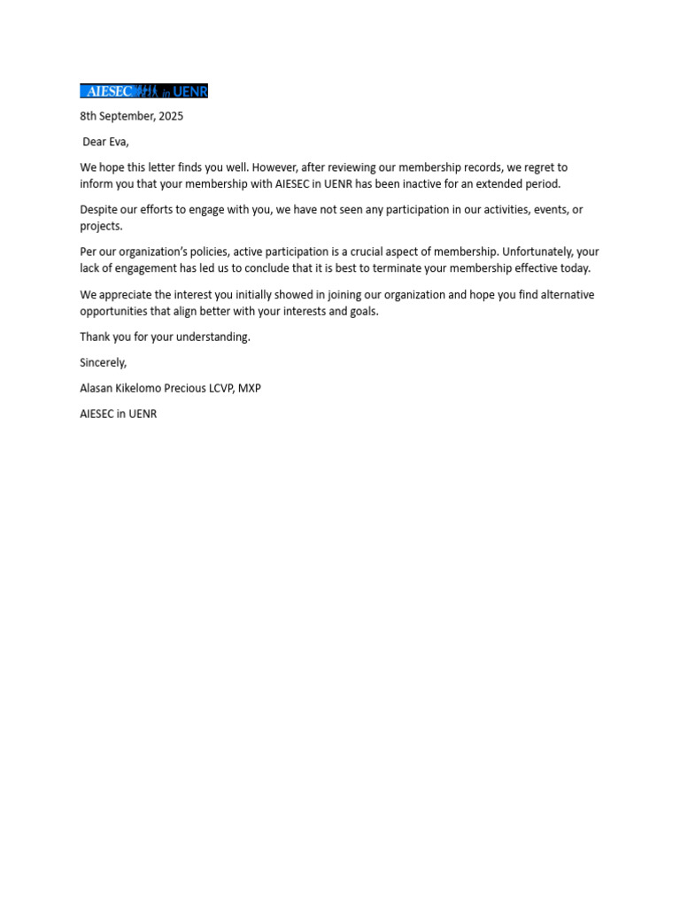 Membership Termination Notice - AIESEC UENR | PDF
