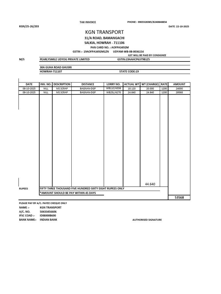 Tax Invoice for MS Scrap Transport | PDF