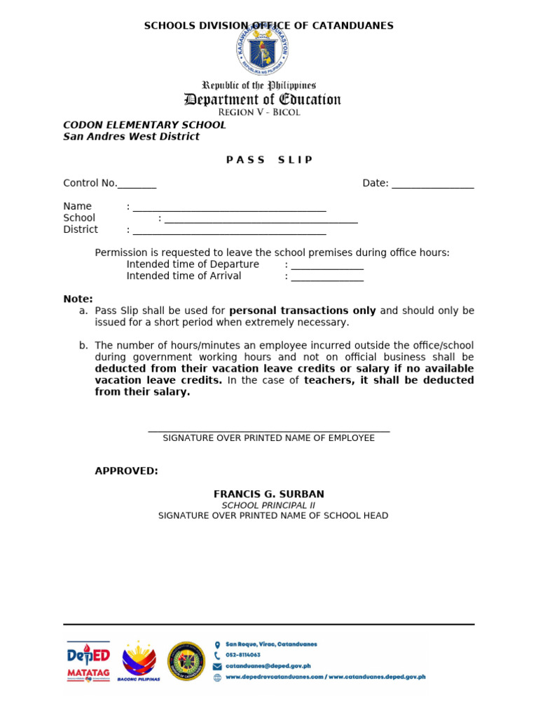 Codon Elementary School Pass Slip | PDF