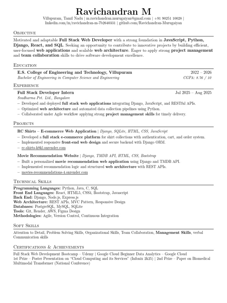 Full Stack Web Developer Resume | PDF | Web Development | Computing