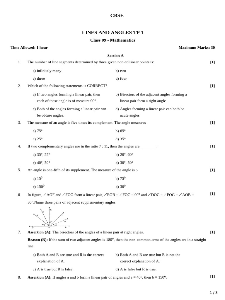 Class 9 Mathematics: Lines and Angles TP1 | PDF | Line (Geometry) | Angle