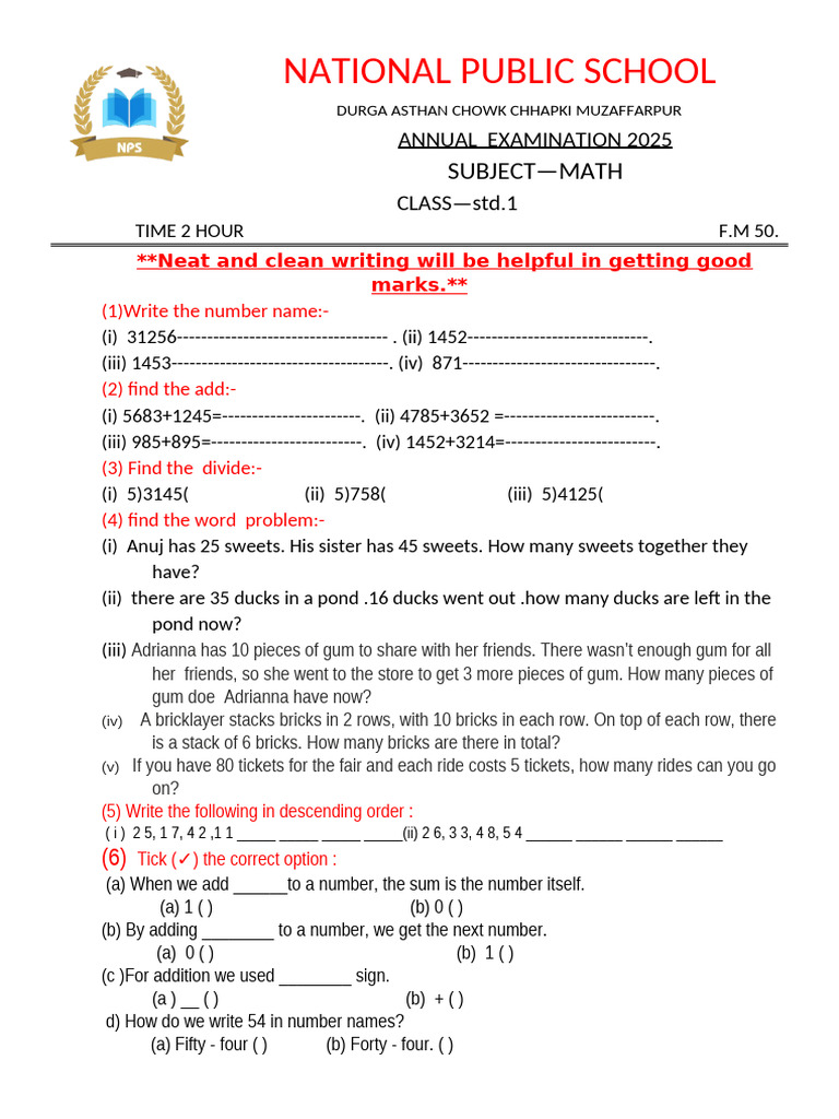 National Public Schoolexam Ukg Math | PDF