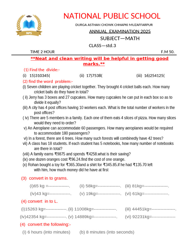 Class 3 Math Exam Questions 2025 | PDF