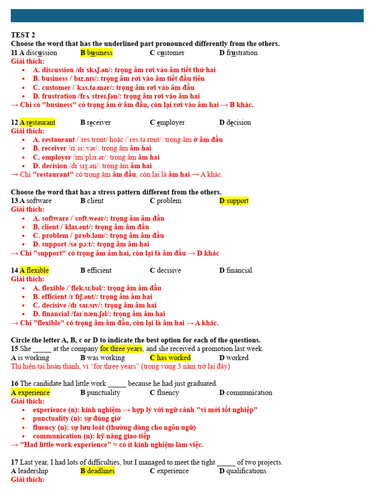 Giải test 2 - unit 2 | PDF
