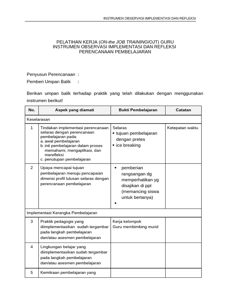 Instrumen Observasi OJT Guru | PDF
