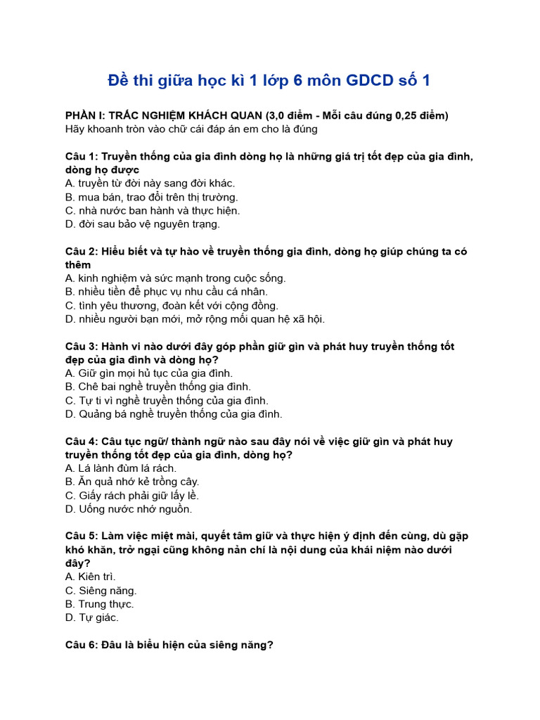 Đề thi GDCD HK1 6 | PDF