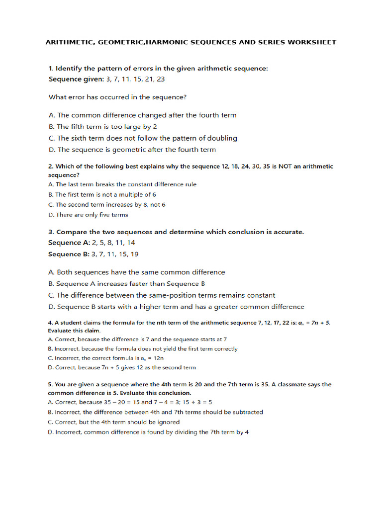 Arith Geom Harm Seq Sers Wrksheets | PDF