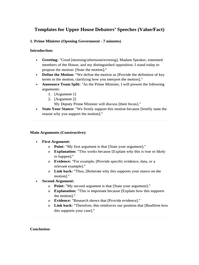 Debater Speech Templates for Value/Fact | PDF | Argument | Evidence