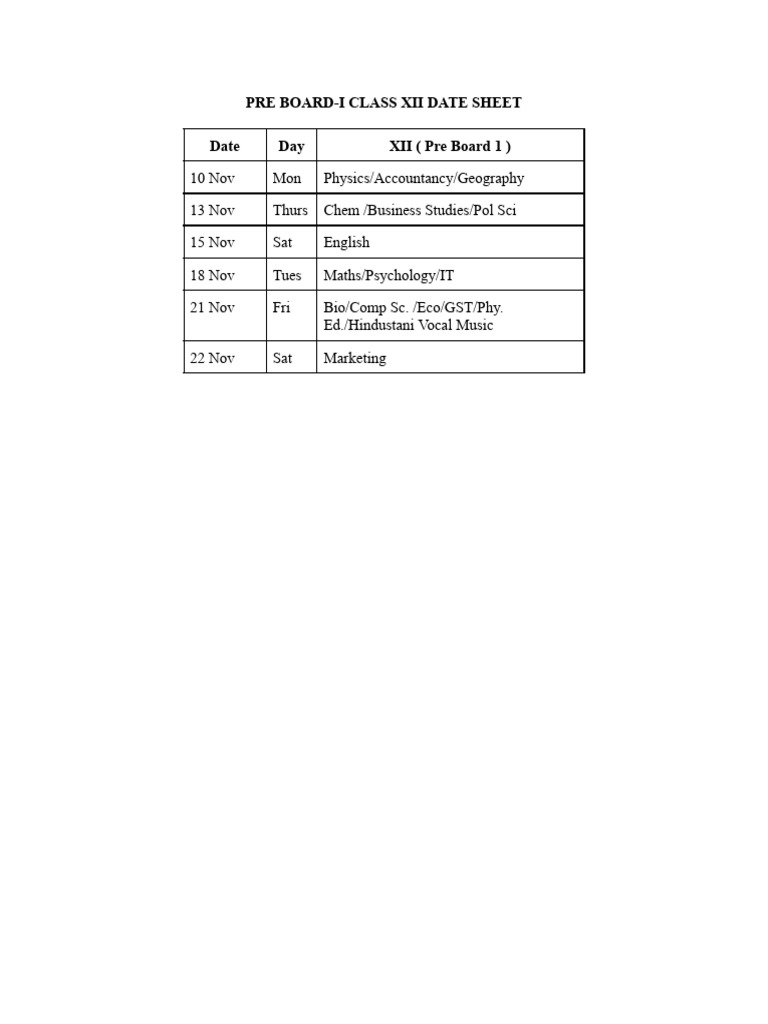 Class XII Pre Board 1 Date Sheet | PDF