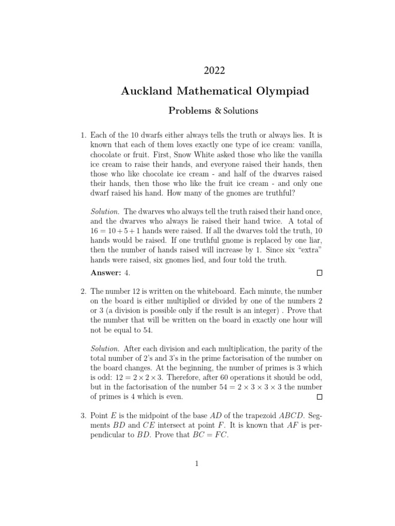 Auckland Math Olympiad 2022 Solutions | PDF | Polynomial | Quadratic ...