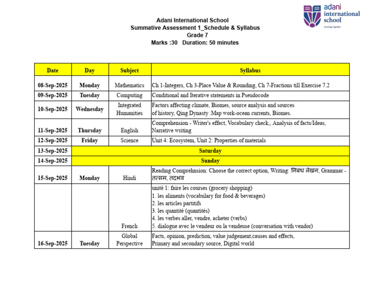 Grade 7 Assessment Schedule & Syllabus | PDF