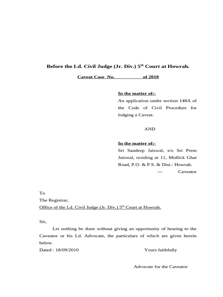 Caveat Application in Howrah Court | PDF | Practice Of Law | Justice