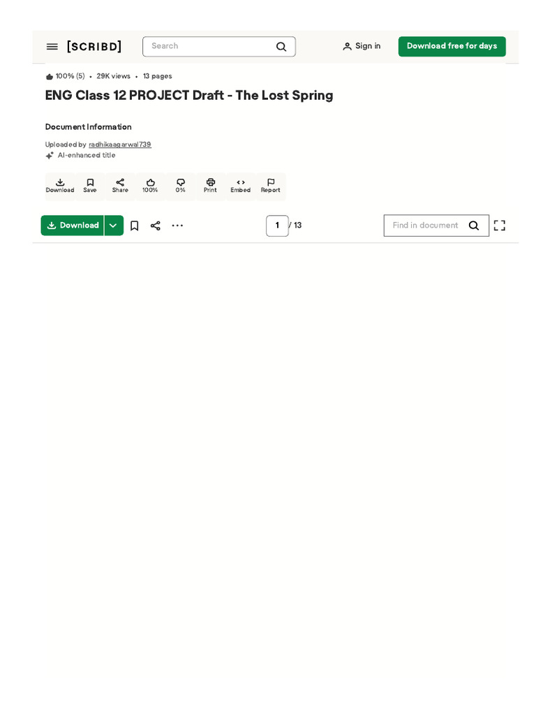 document805741564ENG Class 12 PROJECT Draft The Lost Spring | PDF