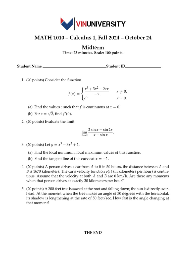 Calculus 1 Midterm Exam - Fall 2024 | PDF