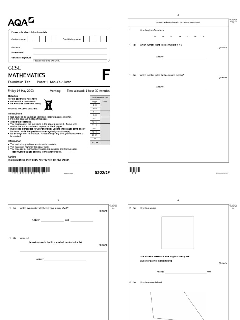 GCSE Mathematics Foundation Paper 1 Non-Calculator | PDF | Area