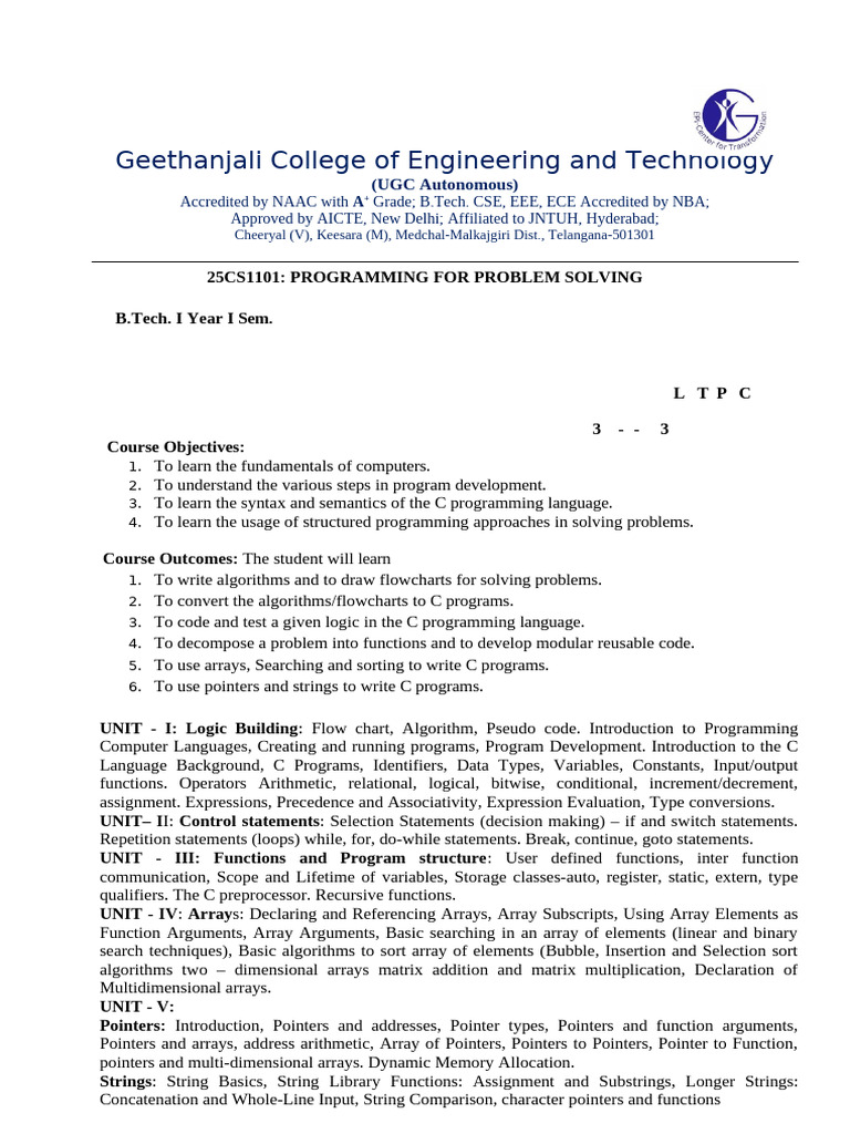25CS1101 PPS Theory Syllabus | PDF | Pointer (Computer Programming) | C ...