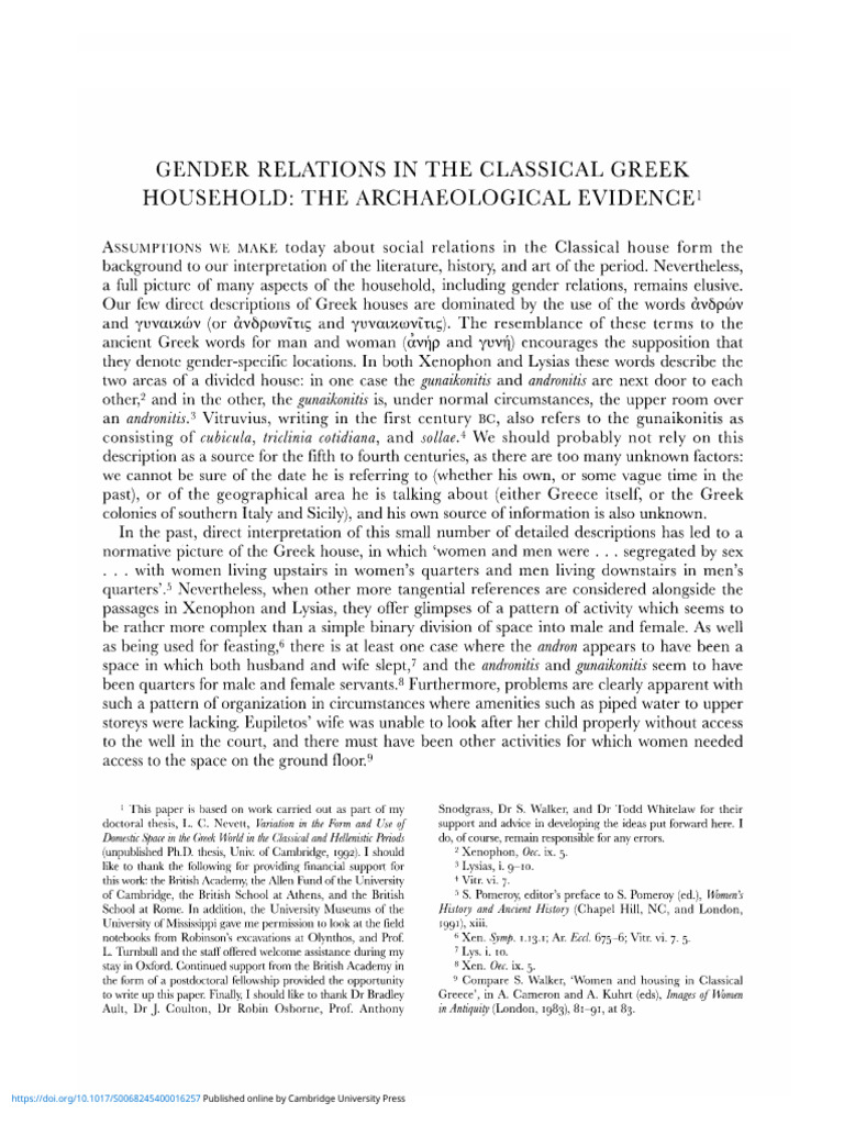 Gender Relations in The Classical Greek Household The Archaeological ...