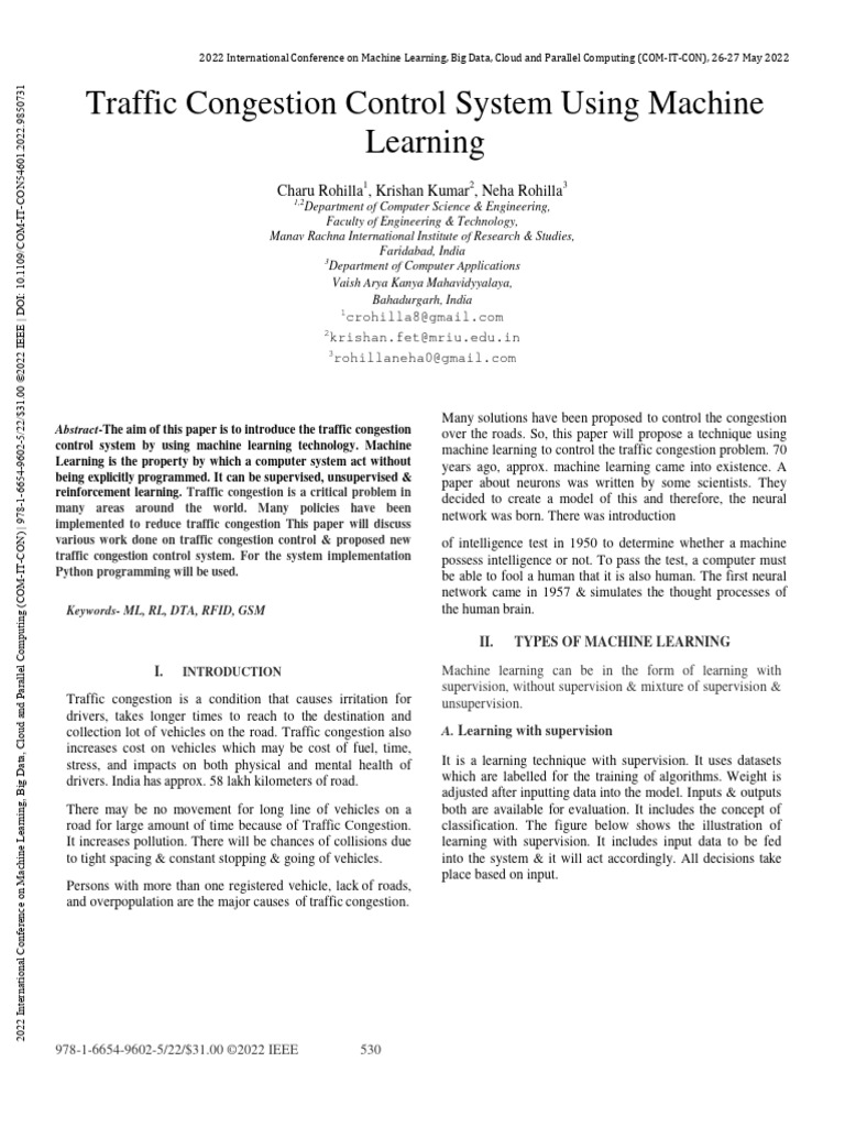 Machine Learning for Traffic Control | PDF | Machine Learning | Learning