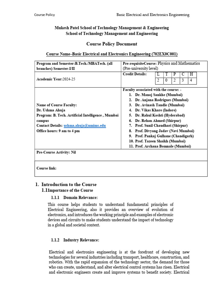 Basic Electrical Engineering Course Policy | PDF | Engineering ...