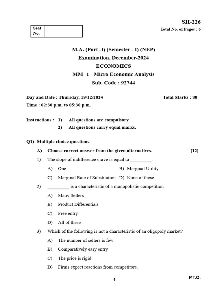 Microeconomic Analysis Exam Paper 2024 | PDF | Monopoly | Microeconomics