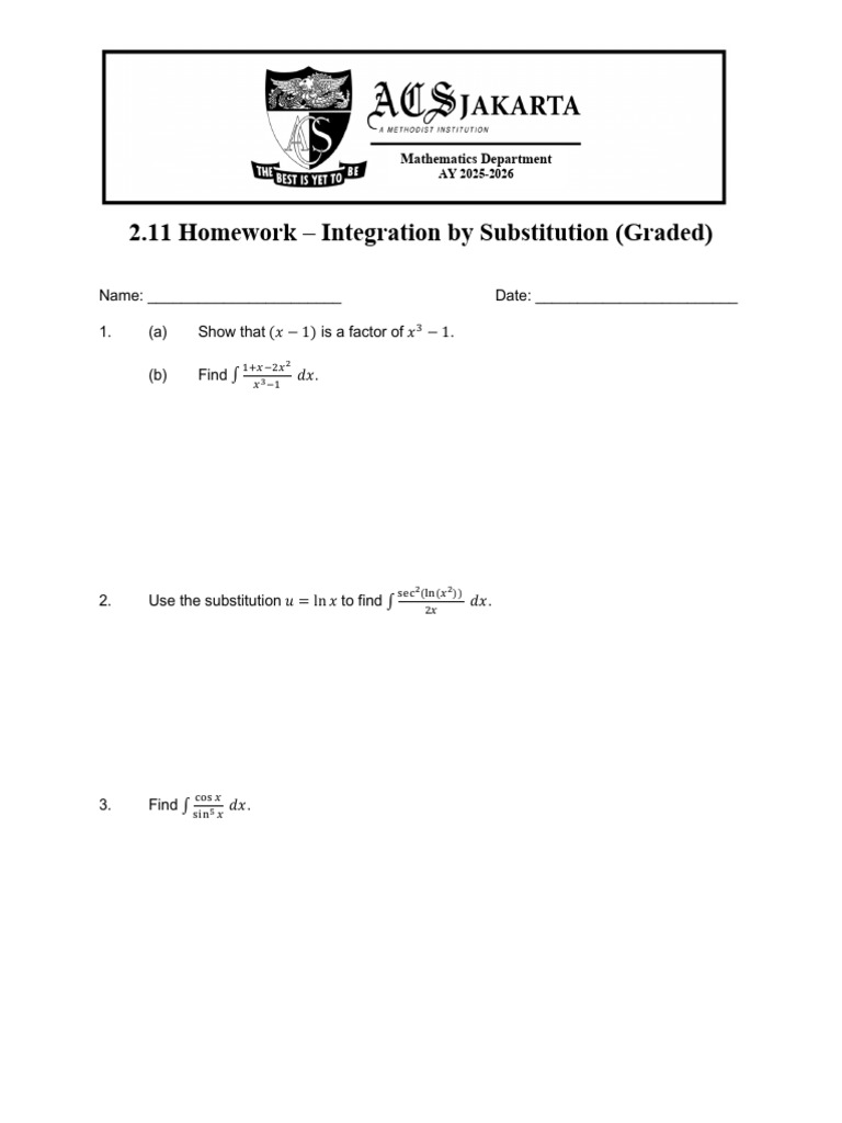 Integration by Substitution Homework | PDF
