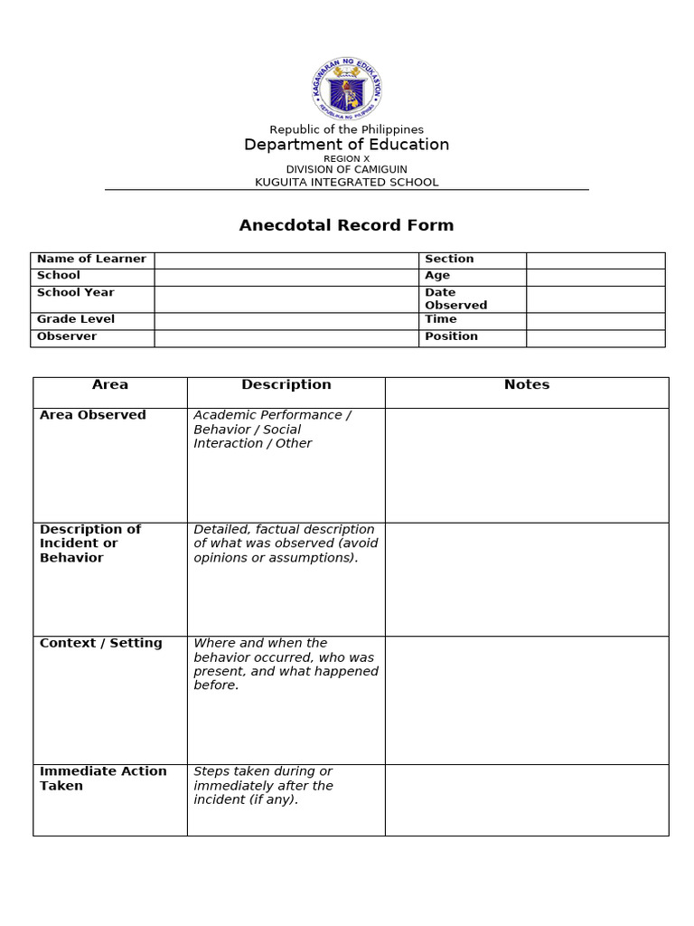 Anecdotal Record Form | PDF