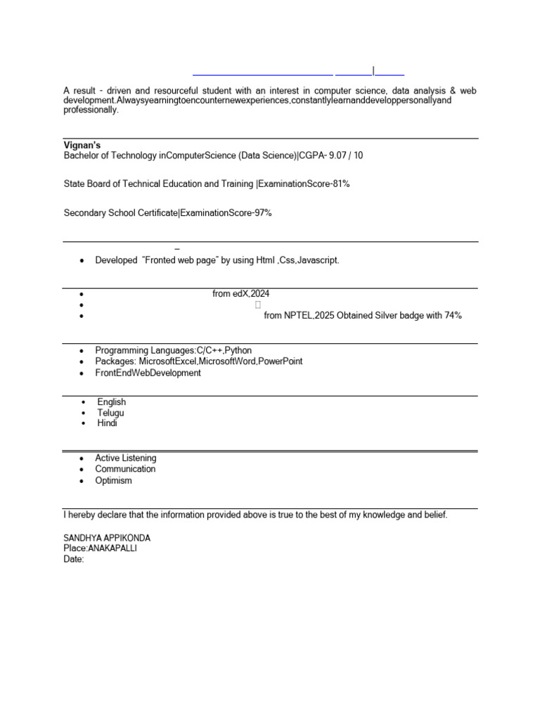 Sandhya Appikonda: Tech Student Profile | PDF