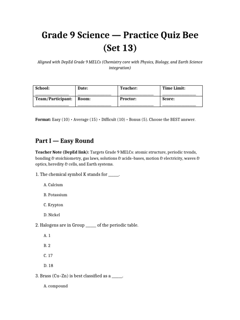 Grade 9 Science Quiz: Chemistry & More | PDF | Ion | Chlorine