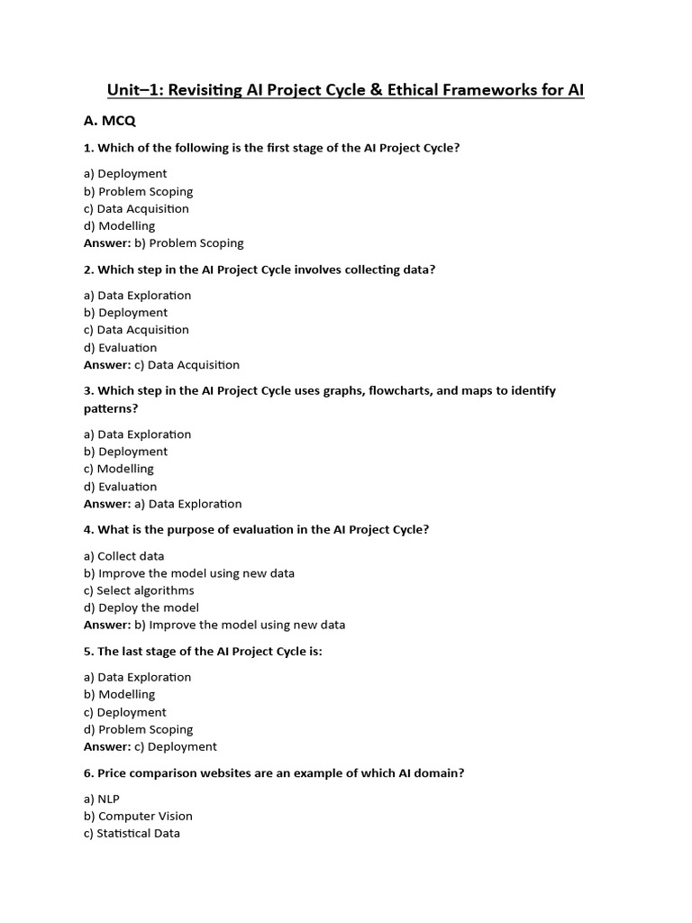 AI Project Cycle & Ethics MCQs | PDF | Artificial Intelligence ...