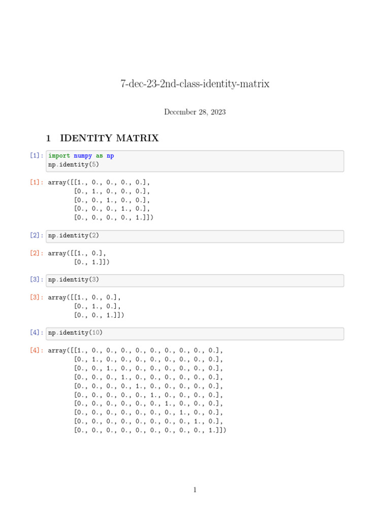 Identity and Zeros Matrices in NumPy | PDF