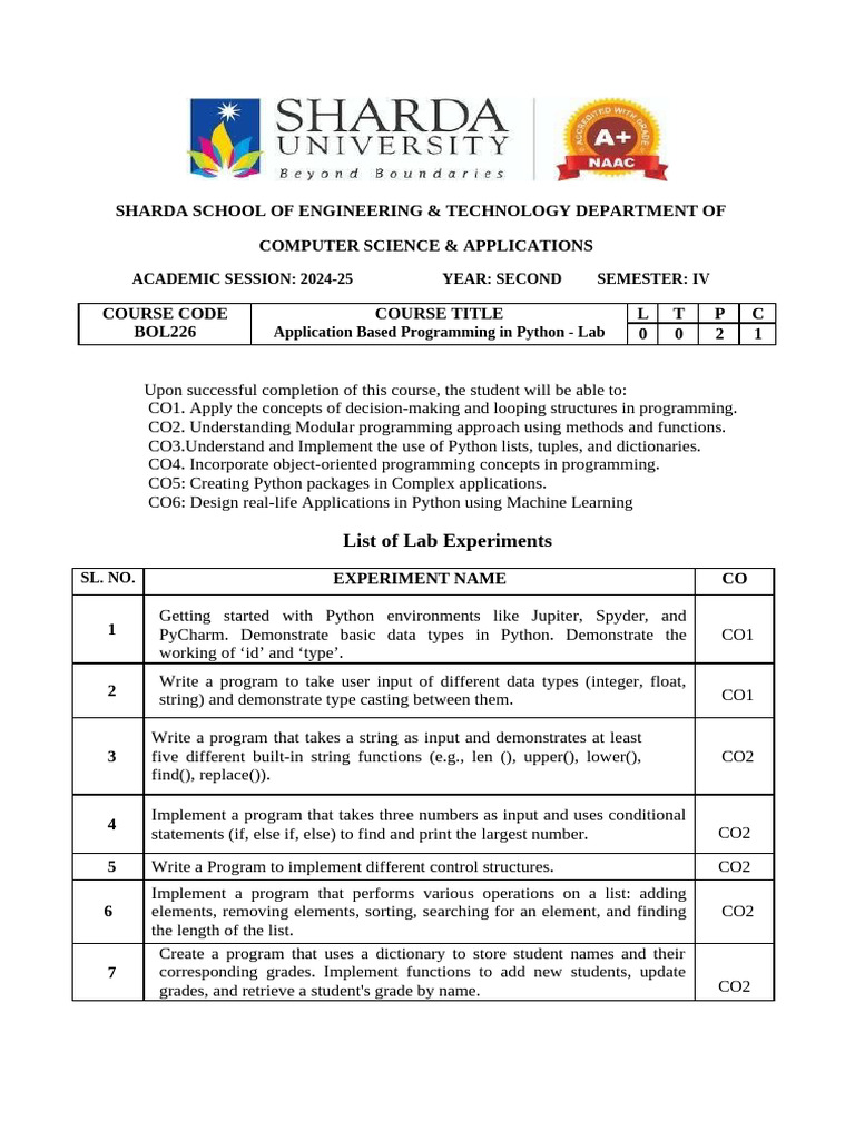 BOL226 List of Experiments | PDF | Python (Programming Language ...