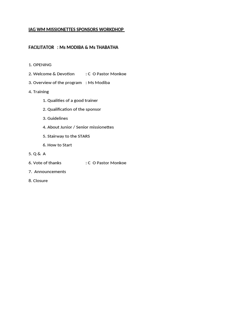 IAG WM Missionettes Workshop Overview | PDF