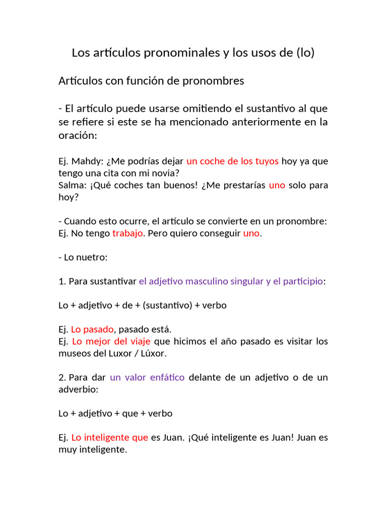 Los Artículos Pronominales y Uso de (Lo) | PDF