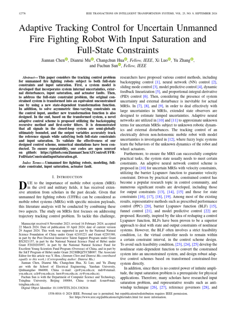 Adaptive Tracking Control For Uncertain Unmanned Fire Fighting Robot ...