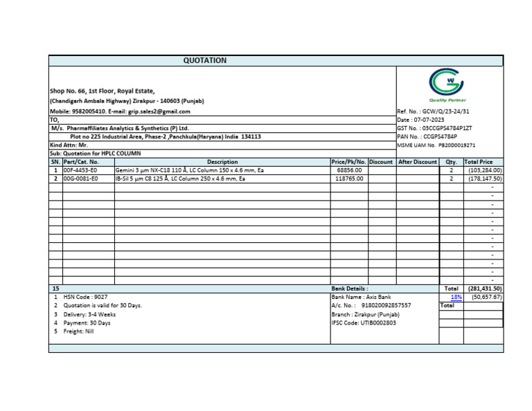 HPLC Column Quotation for Pharmaffiliates | PDF | Separation Processes ...