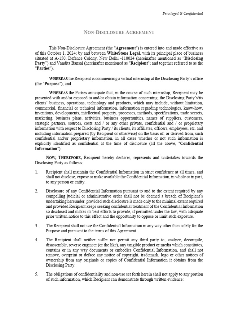 Non-Disclosure Agreement for Internship | PDF | Non Disclosure ...