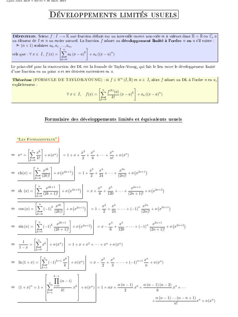 Formulaire des Développements Limités | PDF | Calcul | Objets mathématiques
