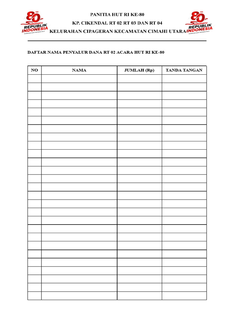 Pendataan Sumbangan RT 02 HUT RI | PDF