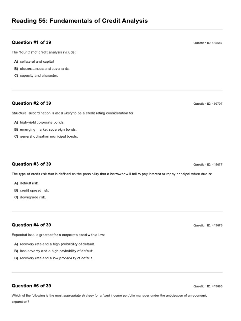 Reading 55 Fundamentals of Credit Analysis | PDF