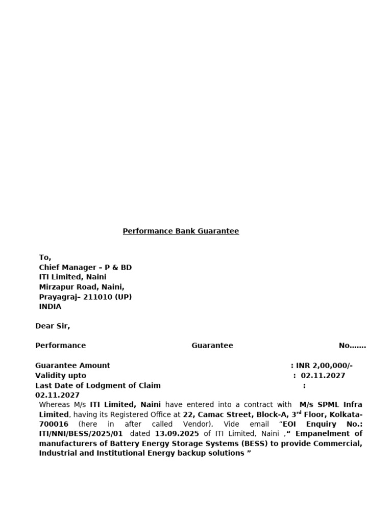 PBG For Empanelment Fee of BESS - ITI Ltd. - 2 Lacs - IOB | PDF ...