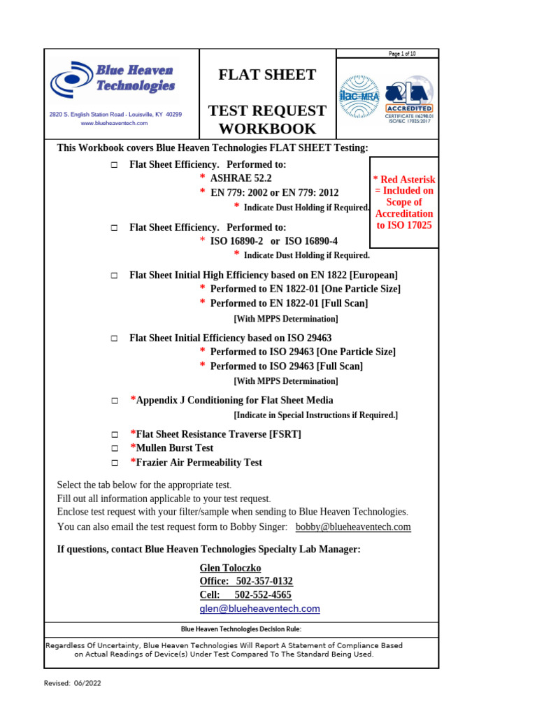 Blue Heaven Technologies Test Request Form | PDF | Laboratories | Dust