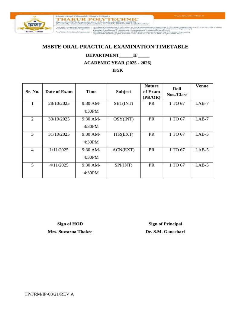 MSBTE IF5K Practical Exam Timetable 2025 | PDF