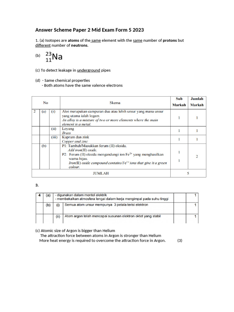 Mid Exam Answer Scheme Form 5 2023 | PDF | Chemical Bond | Atoms