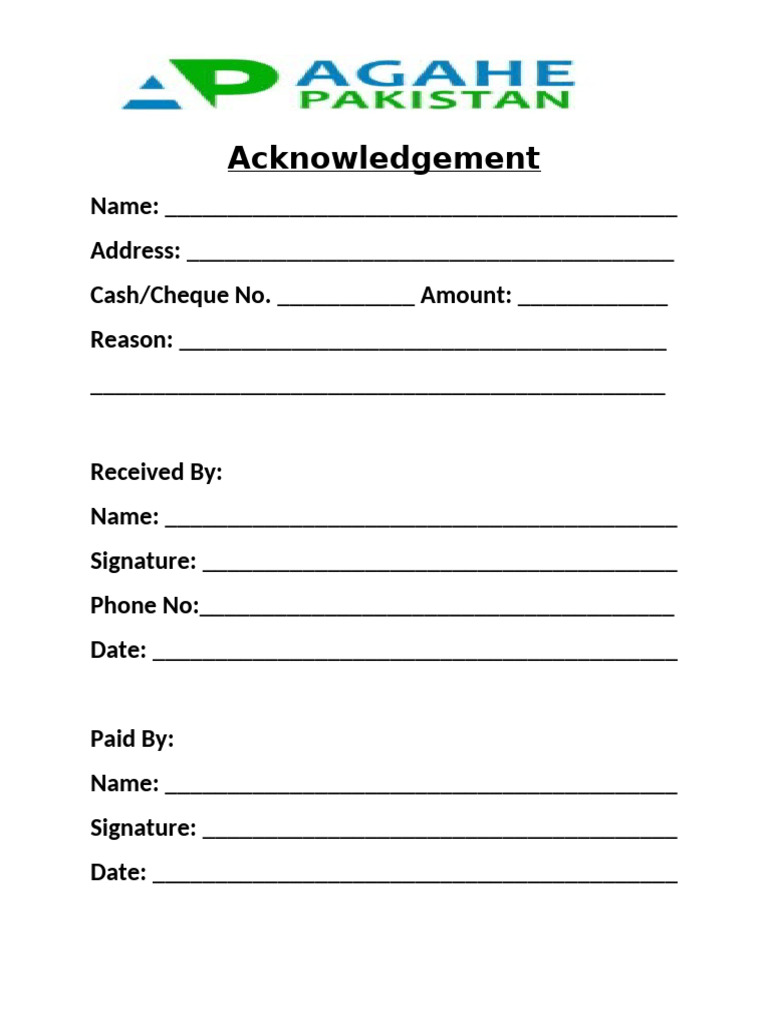 Payment Acknowledgment Receipt Template | PDF