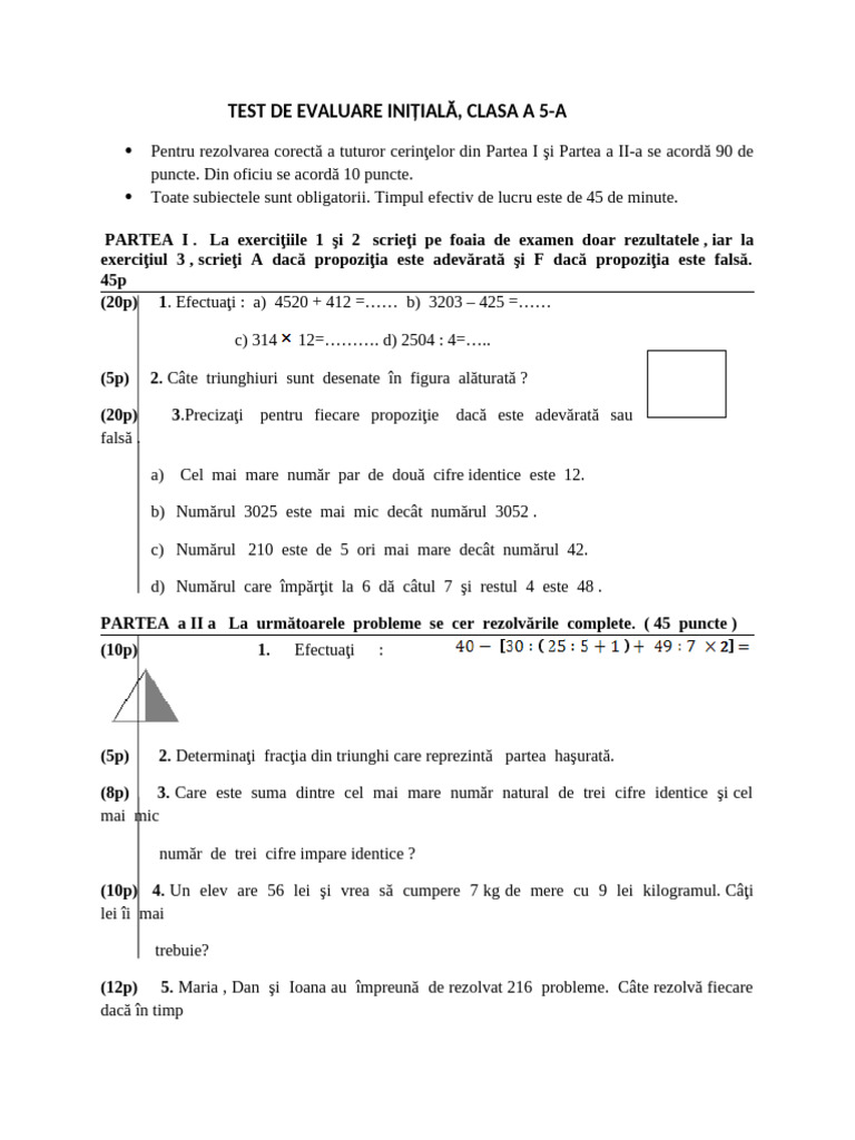 Test de Evaluare Initiala Clasa A 5 A | PDF