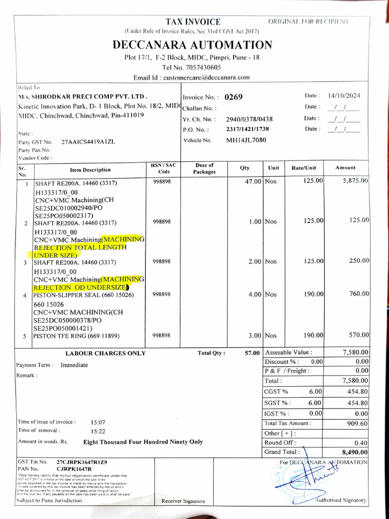 Tax Invoice for CNC Machining Services | PDF | Government Of India